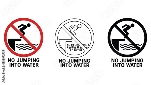 A set of warning signs prohibiting jumping into water for safety