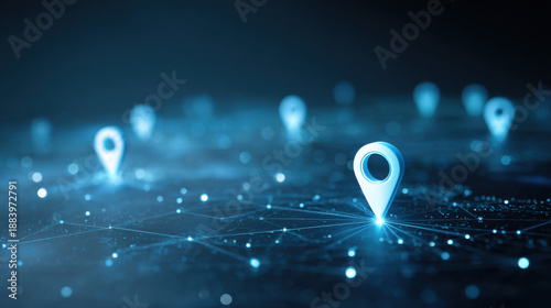 Navigating Digital Frontiers: Illuminated location pins trace a connected network, symbolizing global reach and interconnectedness in a technological landscape.