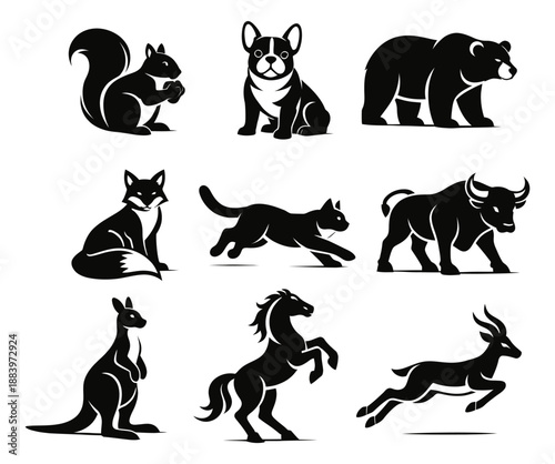 Modern silhouette animal set featuring a variety of wild and domestic mammals for various designs