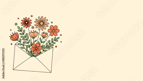 Whimsical vector illustration of a charming envelope overflowing with a vibrant bouquet of blooming flowers, perfect for celebratory occasions