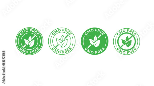 Four green GMO free labels on a white background for organic products