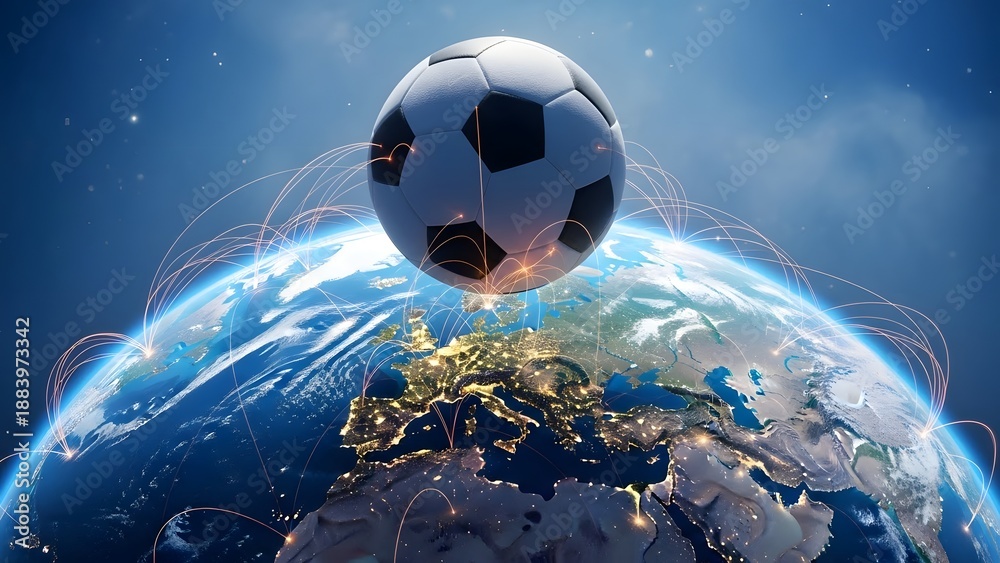 Naklejka premium Soccer ball emerging from water droplet with cityscape