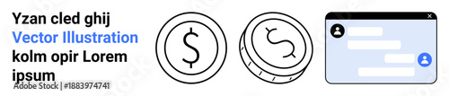 Finance, communication, online transactions, digital payments, customer support, virtual economy. Two dollar coins and a chat interface. Finance and communication-focused