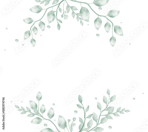 淡いグリーンの水彩ボタニカルフレームイラスト｜ナチュラルで上品な植物モチーフの装飾枠・招待状やウェディング向けデザイン素材