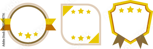 星付きゴールドフレームと盾型バッジの評価メダルセット｜実績表示・ランキング・認証マークに使える高級感のある装飾ラベルイラスト素材