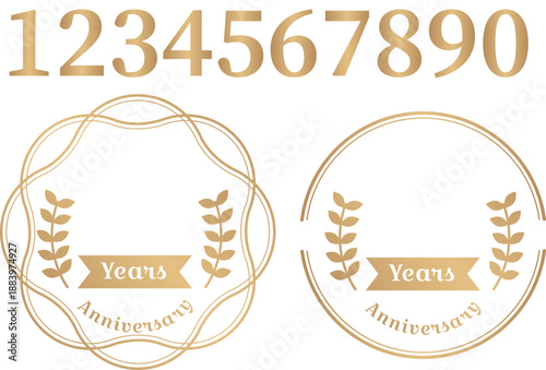 金色のグラデーション数字と植物モチーフの円形フレームを組み合わせた周年記念や記念日デザインに使えるエレガントで高級感のあるラベル風装飾イラスト素材