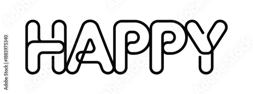 A stylized illustration of the word 'Happy' in bold black letters