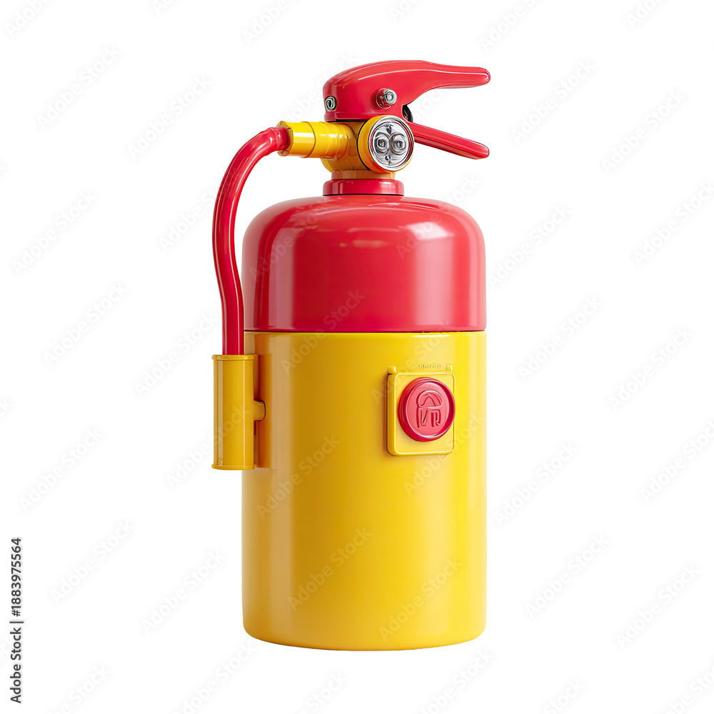 Obraz premium Glossy, cartoon-style fire extinguisher with a red handle and yellow body