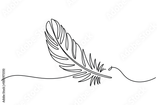 A minimalist line drawing of a feather with a flowing quill line