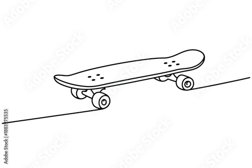 A simple line drawing of a skateboard on a rail