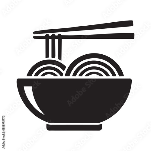 Simple icon of a ramen noodle bowl with chopsticks. Asian food vector silhouette for a restaurant logo.