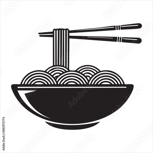 Minimalist black and white icon of Asian noodles in a bowl with chopsticks, a simple vector graphic for a restaurant