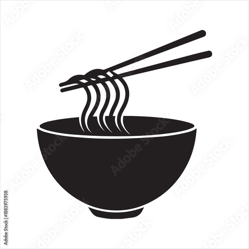 Simple black and white silhouette of chopsticks holding a steaming bowl of noodles