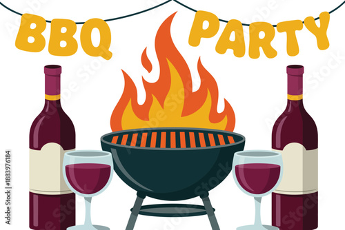 A colorful illustration of a BBQ party with wine and grill