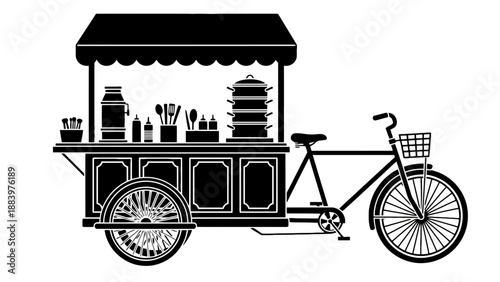 A black and white illustration of a food cart on a bicycle