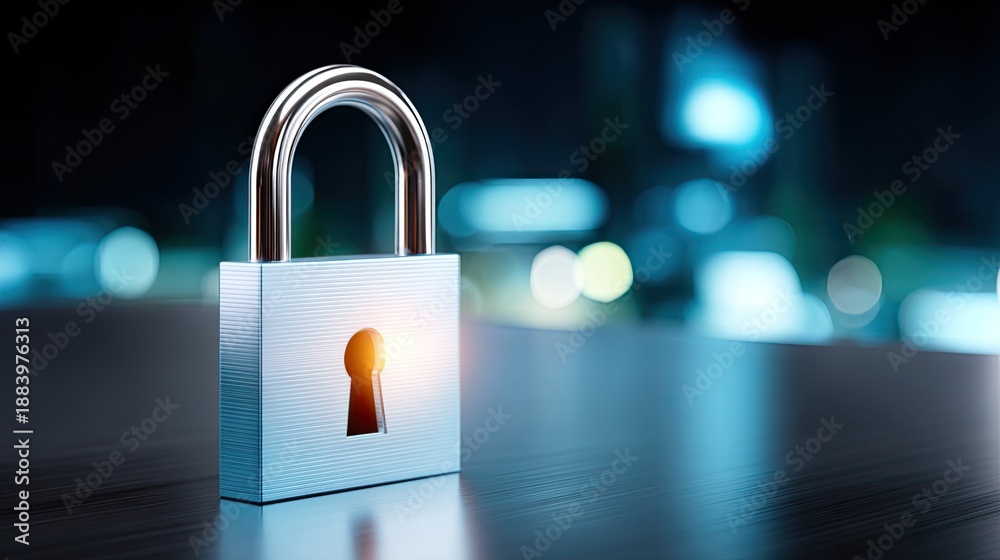 Fototapeta premium Brightly Lit Secure Padlock with Glowing Keyhole Against a Blurred Background, Symbolizing Safety and Protection in Digital and Physical Environments