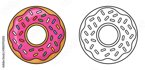 A colorful donut with pink frosting and sprinkles next to a black and white donut