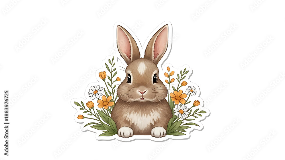 Fototapeta premium Cute brown bunny with flowers peeking out isolated on a transparent background