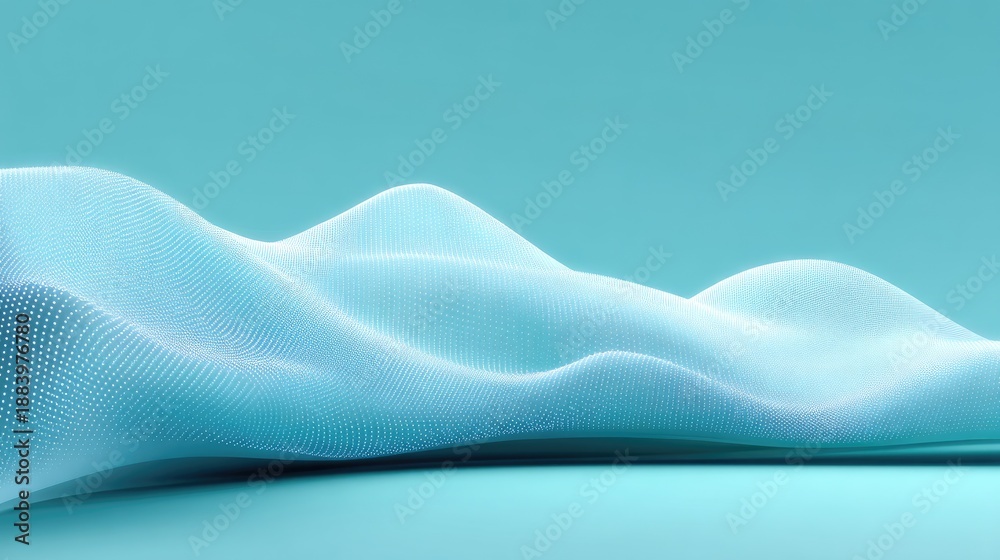 Obraz premium Abstract digital landscape with soft curves and dotted patterns against a tranquil blue background, creating a serene and calming visual experience