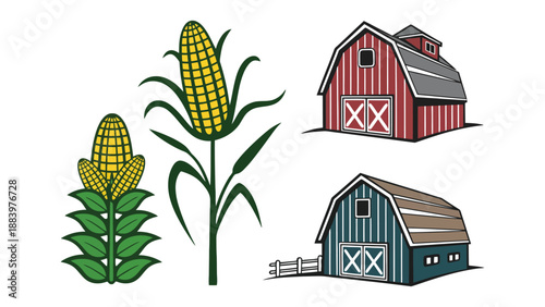 A colorful illustration of corn and two barns in a rural setting