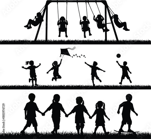 Black Silhouettes of Children Playing at the Playground in Horizontal Rows