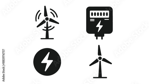 A set of black and white icons representing renewable energy sources