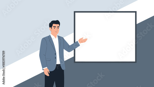 Businessman Presenting Blank Whiteboard with Copy Space