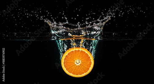 Vivid Orange Splash: An orange slice plunges into water, creating a stunning splash against a dark backdrop. Capturing the dynamic moment of impact.