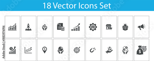 Set of business planning icons. Including financial planning, analysis, innovation, startup, growth, 
strategy and more. Solid vector icons