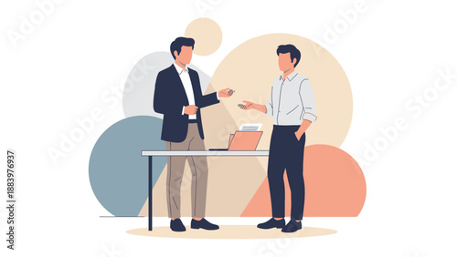 Businessmen discussing at a desk with abstract circles background, collaboration concept