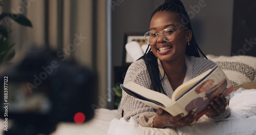 Tableau sur toile Woman, influencer and reading book with smile for content creation, camera or literature for children