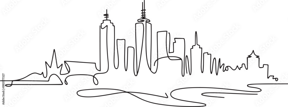 Fototapeta premium One continuous line drawing of Melbourne city skyline, Australia. Beautiful landmark. World landscape tourism and travel vacation. one line Icon drawing