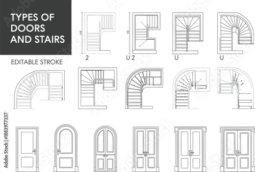 Professional architectural vector icons of staircase layouts and door styles including spiral stairs, double doors, and arched entryways for interior design projects.