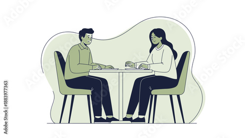 Couple sitting at a table, conversation, minimalist illustration