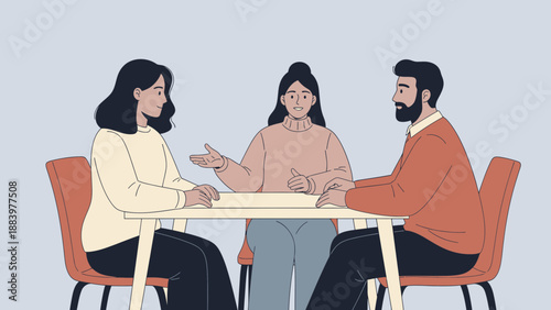 Diverse group discussing at table, teamwork, communication, conflict resolution, modern flat illustration