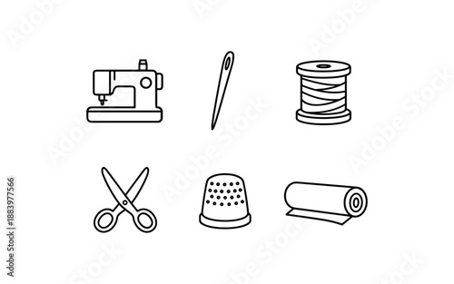 Collection of sewing and tailoring icons including a sewing machine, needle, thread, scissors, thimble, and fabric