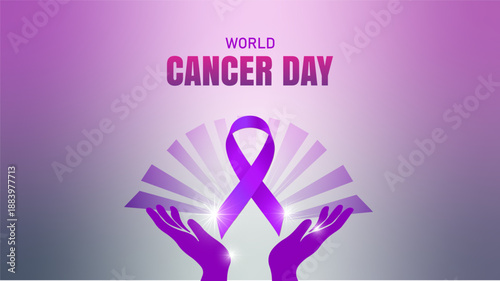 World Cancer Day illustration with purple ribbon and hands reaching upwards, symbol of hope and support