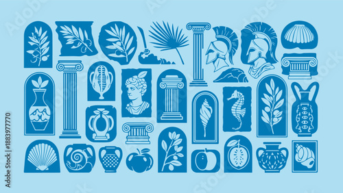 Vibrant blue set of ancient Greek ornamental icons, showcasing columns, statues, vases, shells, and botanical elements.