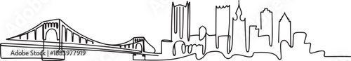 Single continuous line drawing of Pittsburgh city skyline, Pennsylvania. Famous city landscape. World travel concept home wall decor print poster art. one line Icon drawing
