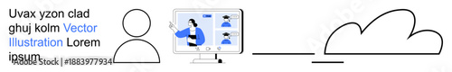 Remote work, online meetings, cloud storage, team collaboration, technology infrastructure, virtual tools. Abstract person, screen showing a virtual meeting cloud symbol. Remote work and online