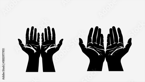 Two black silhouette illustrations of open praying hands, symbolizing faith, hope, and spiritual connection on a light grey background.
