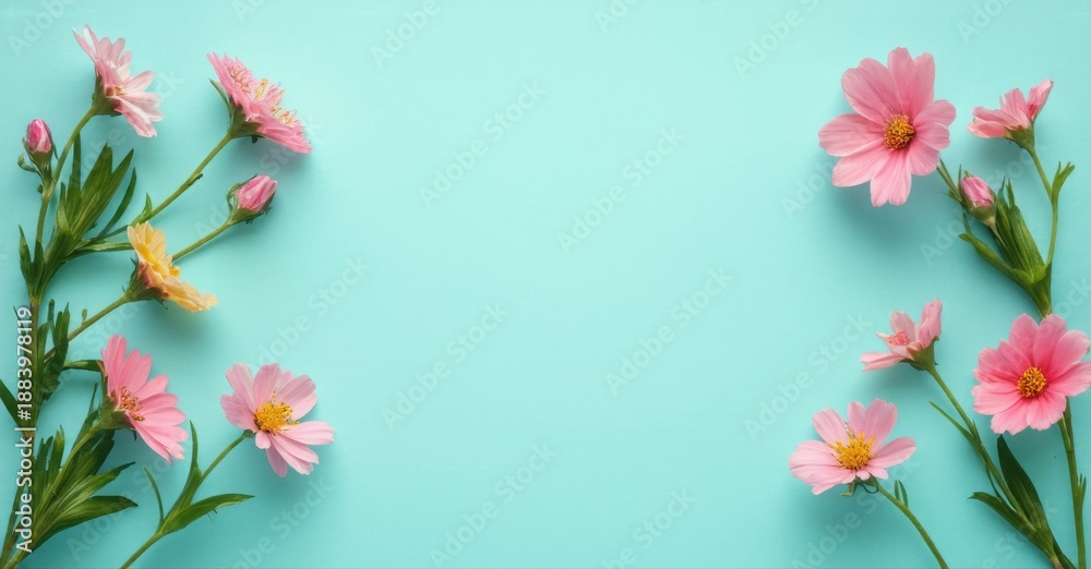 Fototapeta premium Pink cosmos flowers frame empty turquoise space. Delicate blooms, green stems create symmetrical border. Simple, clean aesthetic.