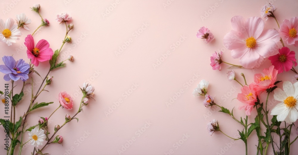 Fototapeta premium Floral arrangement. Delicate blooms frame empty space. Soft pink background complements vibrant colors. Perfect for invitations, cards.