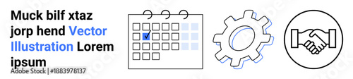 Business strategy, teamwork, planning, operations, productivity, deal-making. Icons of a marked calendar, gear and handshake. Planning and collaboration concepts for diverse professional uses