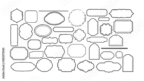 Diverse collection of black and white outline frames and banners in various shapes and styles, ideal for labels and decorative elements.