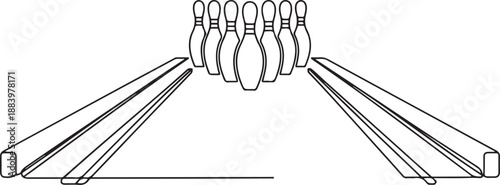 Single continuous line drawing of bowling pins lined up at bowling lane. Doing sport hobby at leisure time concept. one line Icon drawing