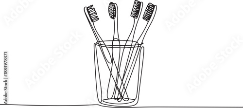Single continuous line drawing several toothbrushes in glass. Dental care equipment at home. Brushing teeth. Teeth care concept. one line Icon drawing