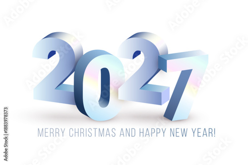 Realistic shiny 3D silver numbers 2027 greeting banner on white background. Vector chrome 2027 Merry Christmas and Happy New Year design element for web, print concept, advert, decoration, design.