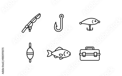 Collection of simple line art icons representing fishing equipment and a fish