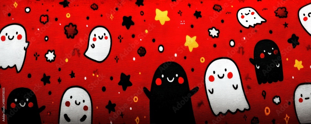 Naklejka premium Cute ghost pattern on red background with stars and clouds for festive Halloween decor